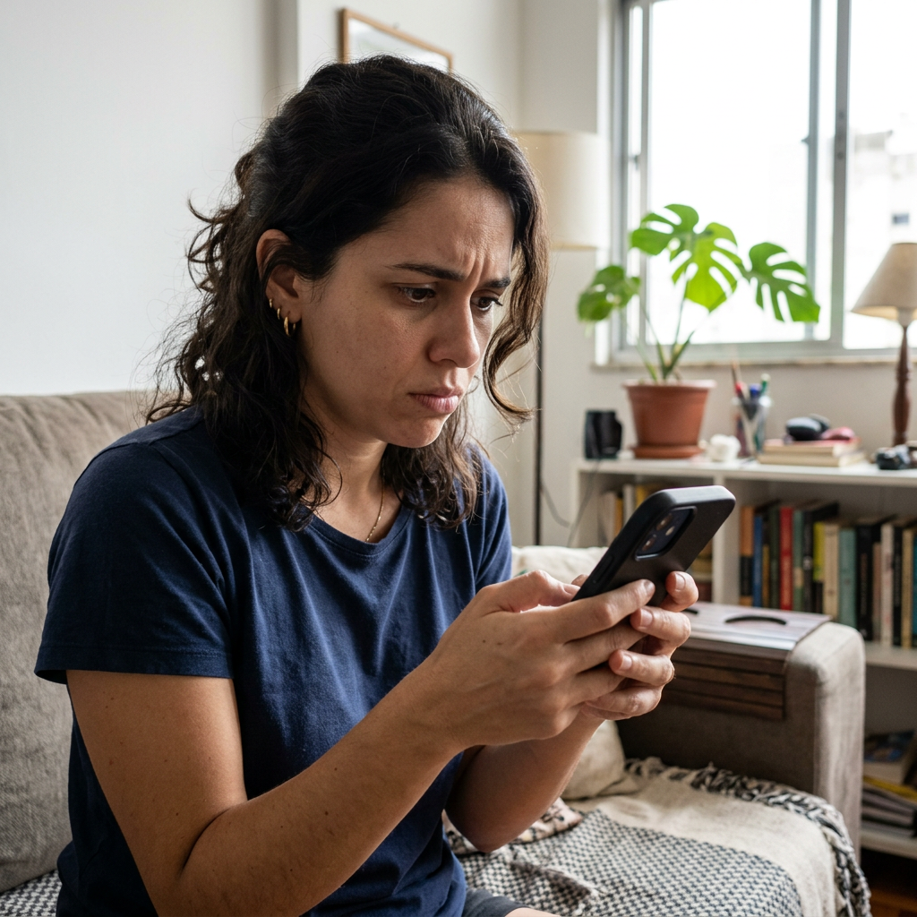 Mulher olhando para o celular com expressão preocupada